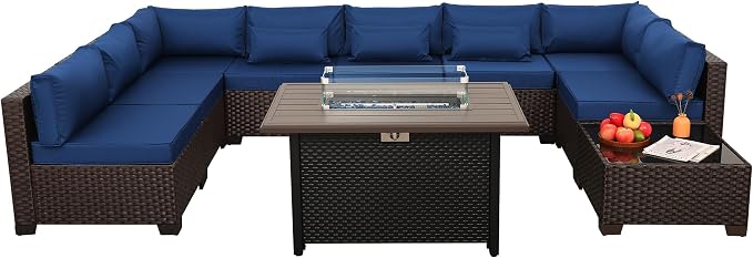 Lviden 10 Pieces Wicker Patio Furniture Set with Patio Glass Table Outdoor Sectional Conversation Sofa Set with 43 inches Fire Pit Table and Non-Slip Cushione, Navy Blue