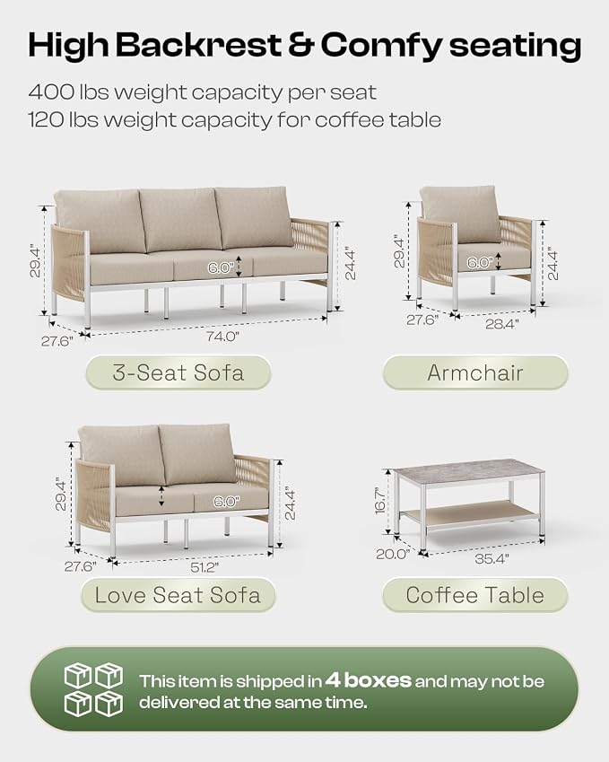 Aluminum Outdoor Patio Furniture Set with Dual-Layer Coffee Table, 5 Piece Modern Patio Conversation Sets with PE Rope, Outdoor Sectional Sofa with Thick Cushions for Balcony, Deck, Beige