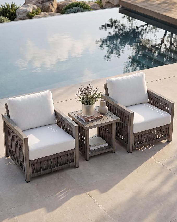 3-Piece Patio Furniture Set, Aluminum Patio Bistro Set with Washable Cushions, Rope Weave Patio Conversation Set with Side Table, Outdoor Furniture Set for Garden, Balcony, Deck, Gray Oak