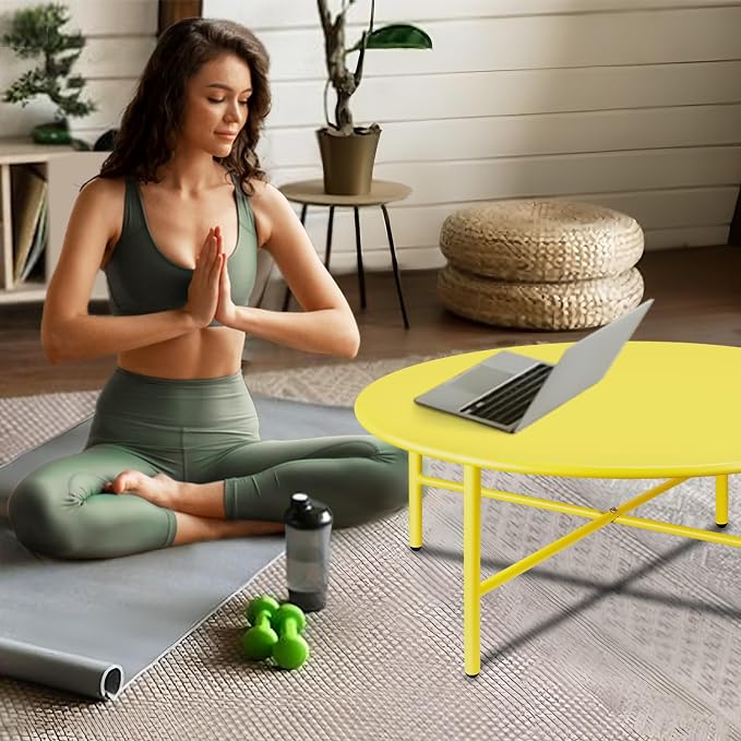 Patio Round Steel Patio Coffee Table, Weather Resistant Anti-Rust and Waterproof Indoor and Outdoor Large Side Table, for Garden Living Room Bedroom Balcony(Yellow)