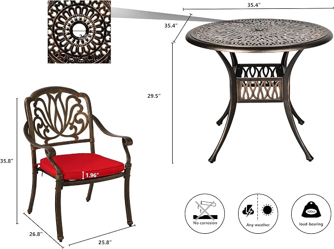 TITIMO 5-Piece Cast Aluminum Outdoor Patio Dining Set, 4 Pattern Chairs and 35.4" Round Table,Cast Aluminum Conversation Set with 2.2” Umbrella Hole 1 Round Table and 4 Chairs with Cushions (Red)