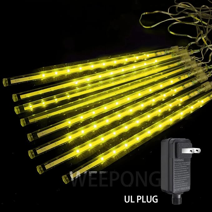 Weepong Christmas Lights Outdoor Falling Rain Meteor Shower Lights 12 inch 8 Tube 192 LED Snowfall Icicle Cascading String Light for Xmas Tree Christmas Decorations Holiday Garden, UL Plug,Warm White