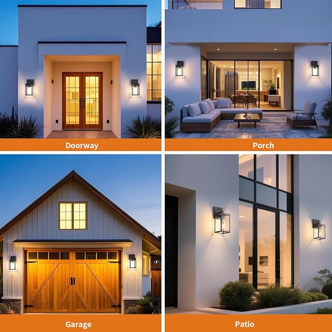 2 Pack Dusk to Dawn Exterior Lighting Fixtures Wall Mount, Sensor Outside Front Porch Lights for House, Outdoor Lantern Lamp, Waterproof Wall Sconce Lights, Black Coach Light for Garage Entryway