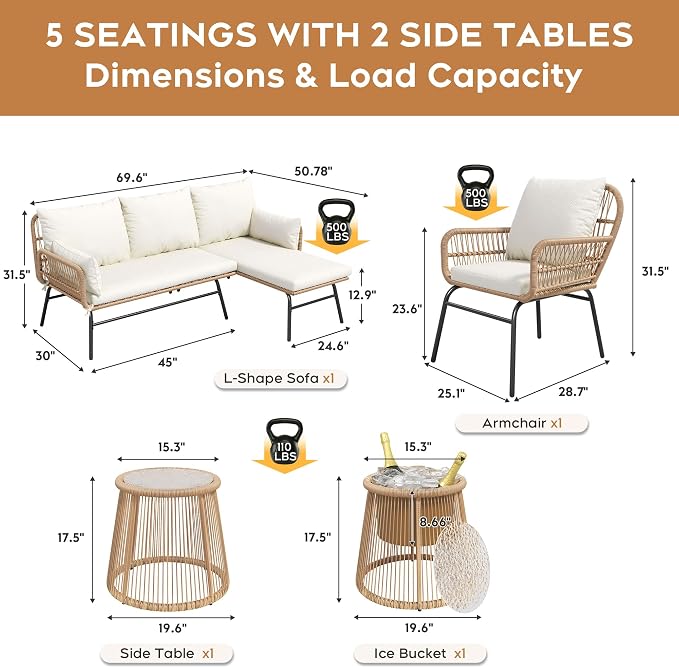 6-Piece Boho Outdoor Patio Furniture Set, L-Shaped Wicker Sectional Sofa with Ice Bucket Table & High Back, Sturdy 500lbs Frame for Garden Balcony Deck or Backyard, Beige