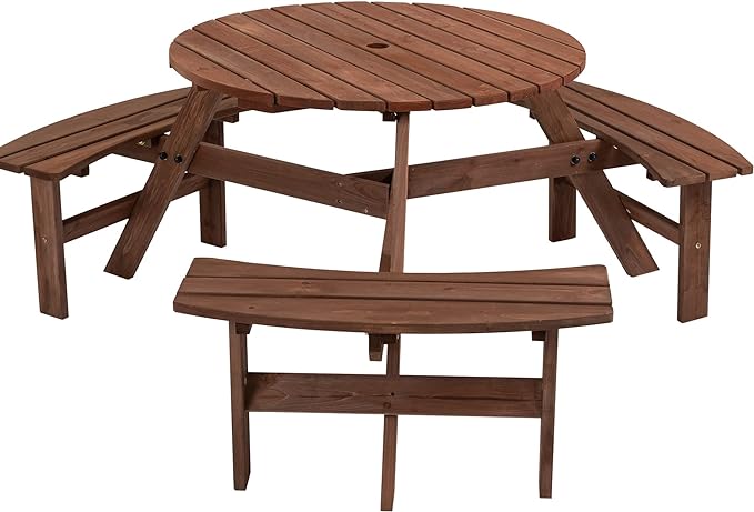 6 Person Wood Picnic Tables for Outdoors, Round Picnic Table with Umbrella Hole,3 Built-in Benches, Wooden Patio Table and Bench Set for Garden,Patio, Backyard,1720LBS Total Capacity,Walnut Brown