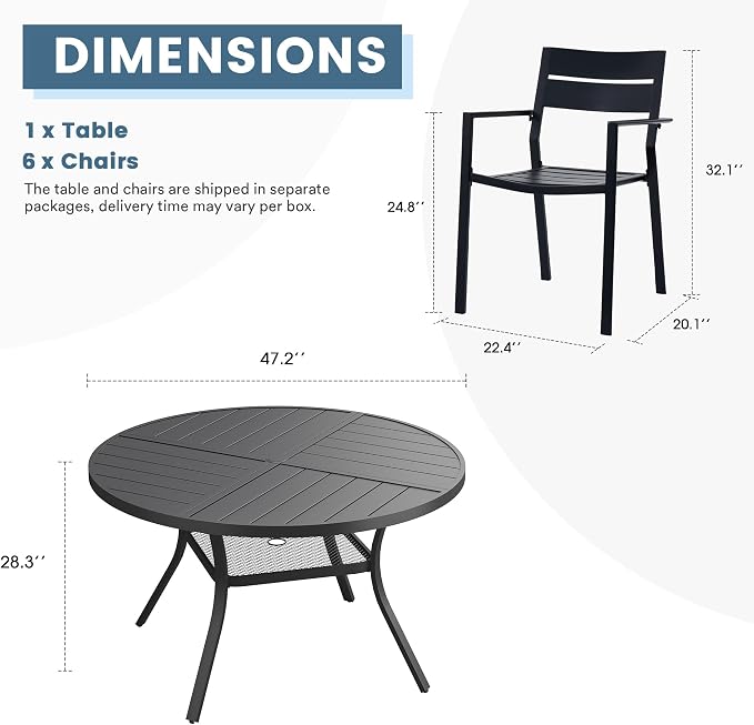 DIFY 7 Piece Outdoor Patio Dining Set for 6, 47.2" Round Dining Table with Umbrella Hole and Stackable Metal Chairs, Patio Table and Chairs Set for Backyard Garden Poolside, Black