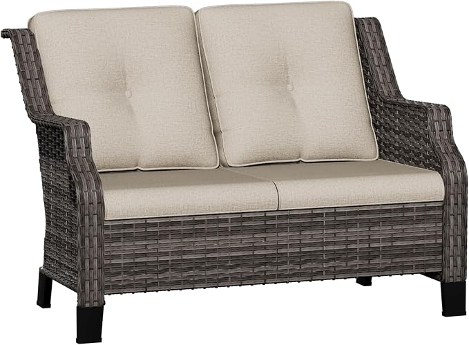 Outdoor Patio Loveseat, All-Weather 2-Seater Wicker Loveseat with Cushions, Outdoor Patio Love Seat Sofa for Garden, Balcony and Deck