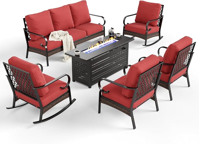 SUNSHINE VALLEY 6 Piece Metal Outdoor Patio Furniture Sets with Firepit Table, Patio Conversation Sets 1 3-Seater Sofa, 2 Leg Sofa and 2 Rocking Chair with 5.75" Cushion for Backyard Deck, Rust Red