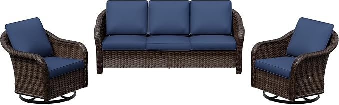 3 Pieces Patio Conversation Set, 78" Wicker 2-Seat Couch with Washable Cushions, Wicker 360 Degree Swivel Glider Rocker Chairs, Sofa for Garden, Lawn (Navy Blue)