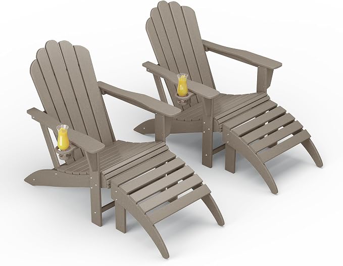 Costaelm Lakeview 4-Piece Outdoor Patio HDPE Adirondack Chairs with Ottomans and Cup Holder Set, Weathered Wood