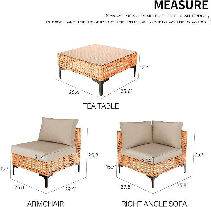 3 Piece Outdoor Patio Furniture Set Modular Outdoor Furniture Set Wicker Outdoor Sectional Sofa with Cushions Patio Set for Balcony Porch Deck Yard (Salmon&Orange Wicker, Sand Cushion)
