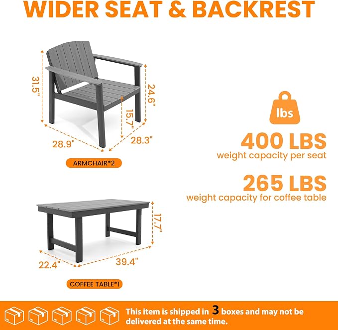 Aluminum Patio Furniture Set, Outdoor Furniture Set 2 Pieces with Coffee Table Aluminum Frame HDPS Faux Wood, All Weather Conversation Set for Backyard, Garden, Poolside Grey