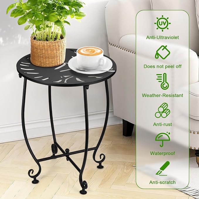 14 Inch Outdoor Metal Side Table, Weather Resistant Small Round End Table for Patio, Yard, Balcony, Garden - Plant Stand Outside (Color1-Turtle Leaf, Black)