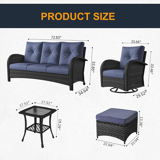 6 Pieces Outdoor Wicker Patio Swivel Rocking Chairs, All Weather Wicker Conversation Set with Side Table