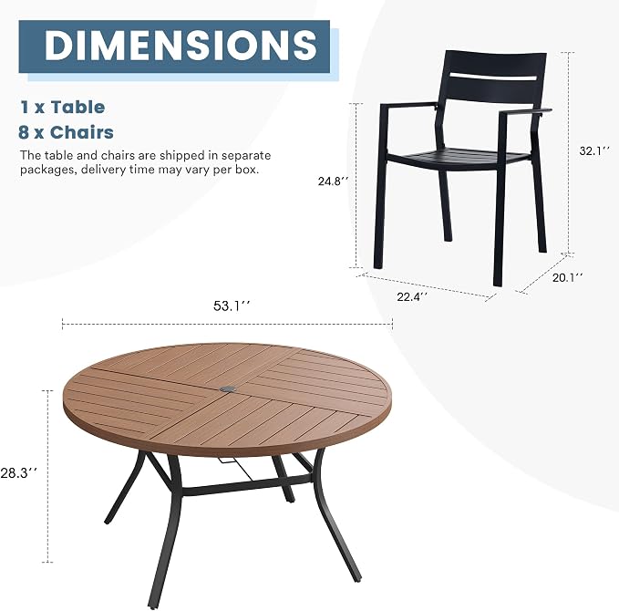 DIFY 9 Piece Outdoor Patio Dining Set for 8, 53.1" Round Dining Table with Umbrella Hole and Stackable Metal Chairs, Patio Table and Chairs Set for Backyard Garden Poolside, Walnut & Black
