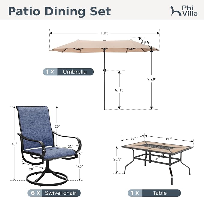 PHI VILLA 8 Pc Outdoor Dining Set with 13ft Umbrella, Swivel Mesh Chairs | 60'' wood-look rectangular table, 6 blue patio textilene chairs and 13ft beige umbrella(NO BASE) for deck, garden, backyard
