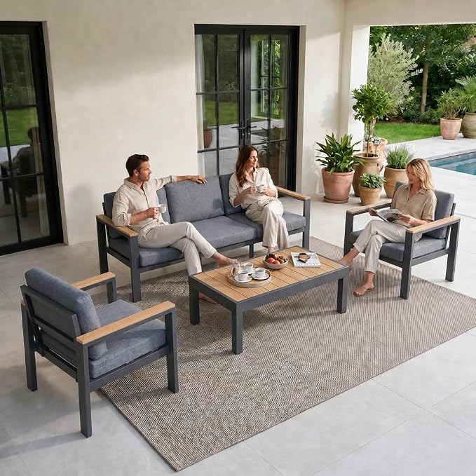 Outdoor Patio Furniture Set, 4-Piece Aluminum Conversation Set with 3-Seat Sofa, 2 Chairs and Coffee Table, 5-Inch Water-Resistant Cushions for Backyard, Deck, Poolside, Gray