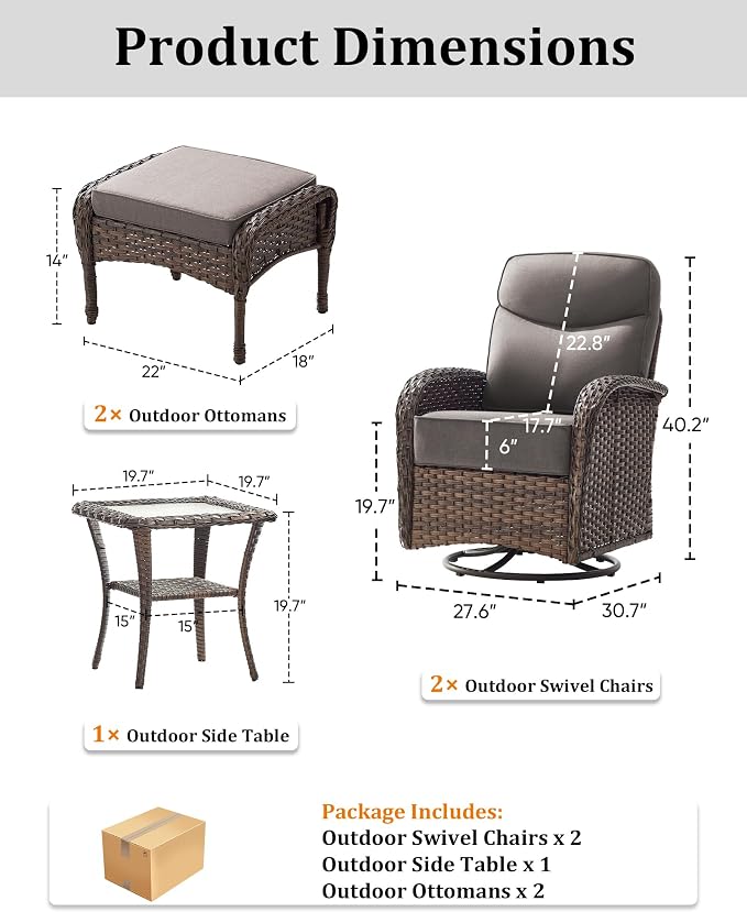 5-Piece Luxury Patio Furniture Set with 6-Inch Thick Cushions, High-Back Outdoor Swivel Rocker Chairs and Table, All-Weather Conversation Set for Porch, Deck, Balcony or Backyard – Gray