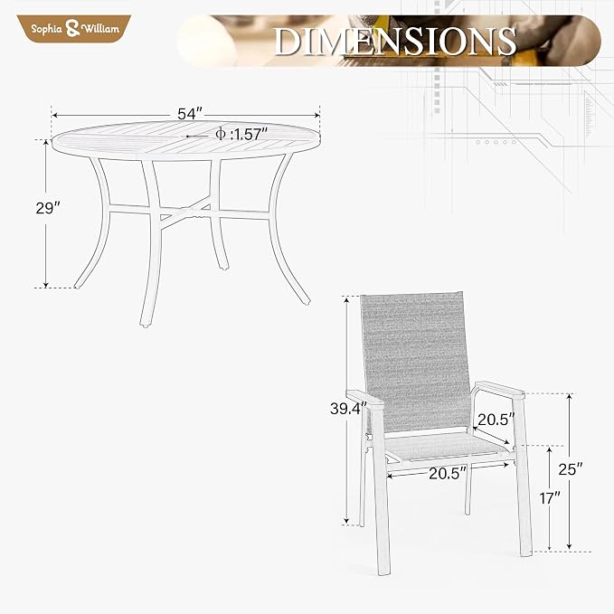 Sophia & William Round Patio Dining Set for 6 with Aluminum Chairs, Beige | Metal table, Stackable sling chairs, Breathable & quick-drying, Light-weight & space-saving, Umbrella Hole, Outdoor, 7 piece