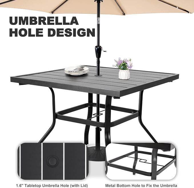 NUU GARDEN 5-Piece Patio Dining Set with Umbrella Hole, All Weather Outdoor Dining Set with 4 Textilene Chairs, 1 Square Table, Patio Table and Chair Set for Backyard Garden Poolside, Gray and Black