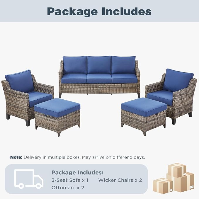 Belord Patio Chairs Set of 2 with 3-Seater Sofa, Outdoor Rattan Chairs for Deck Porch Garden, 5 Piece Patio Conversation Furniture Set,Blue