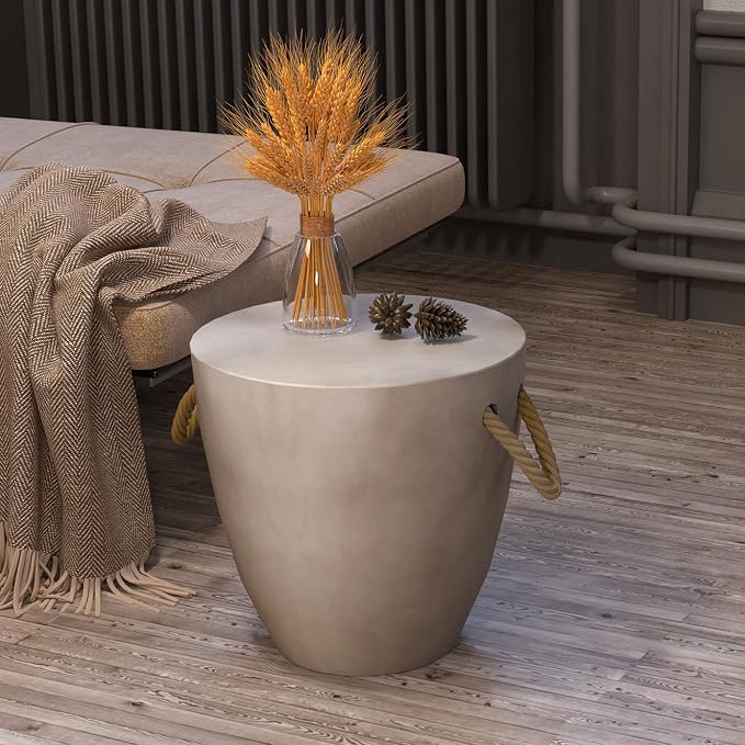 HOMPUS Outdoor Side Table Round, Concrete Accent Modern End Table w Rope Handle, Patio Drum Coffee Table, Garden Planter Stool Decor for Backyard, Indoor, Living Room, Light Gray