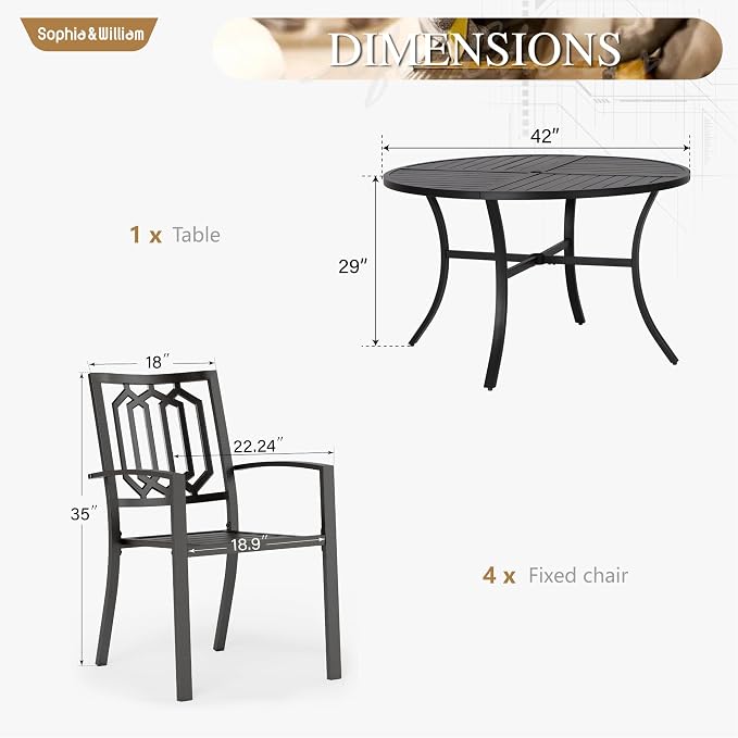 Sophia & William Round Patio Table and Chairs Set, Outdoor Dining Set for 4, 5 Piece Metal Patio Furniture, 42" Black Table(Geometry)