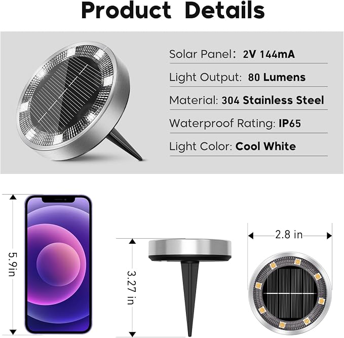 16 Pack Solar Lights Outdoor Waterproof, 8 LED Solar Ground Lights | Flat Solar Disc Light Landscape Lighting for Pathway Garden Yard Walkway Driveway Lawn, Cool White