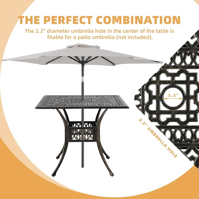 5 Piece Patio Dining Set, Outdoor Table and Chairs Set for 4 Cushioned Swivel Rocking Chairs and 35.4'' Square Table, All-Weather Cast Aluminum Patio Funiture Set, 2.2'' Umbrella Hole, Blue