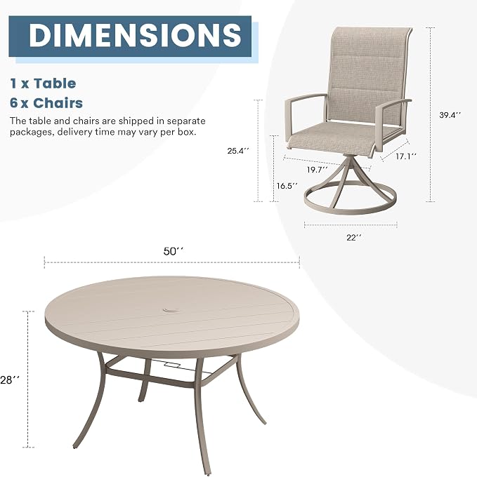 DIFY 7 Piece Outdoor Patio Dining Set for 6, 50" Round Metal Dining Table and Swivel Patio Chairs with Padded Textilene, All-Weather Outdoor Furniture Set for Garden Backyard Porch, Sandshell
