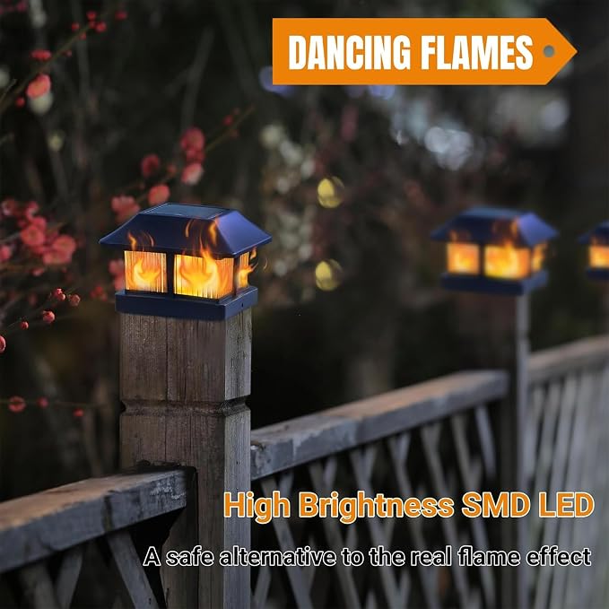 Dynaming 4x4 Solar Flame Post Cap Lights Outdoor, Solar Powered Fence Post Light, Flickering Flame LED Lantern Lamps Waterproof for Garden Deck Patio, Fit Wooden/Vinyl Posts, 12 Pack