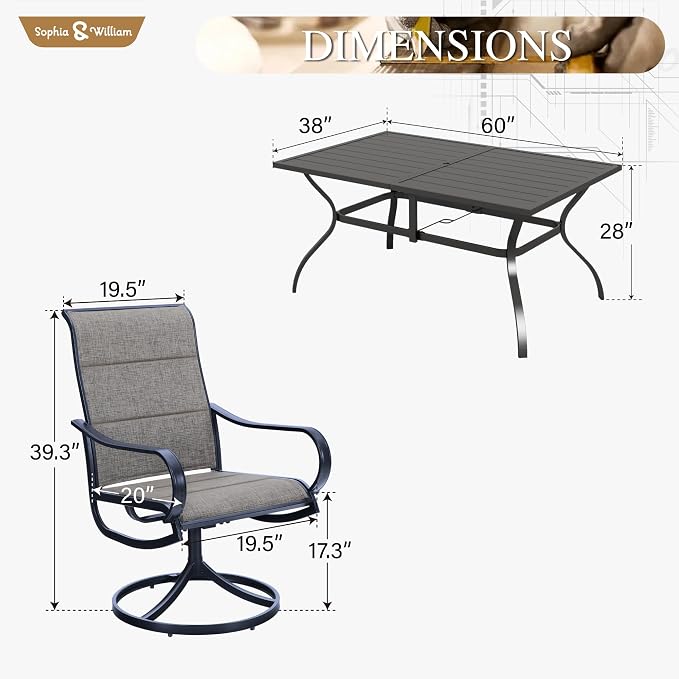 Sophia & William 7 Pcs Patio Dining Set w/Padded Swivel Chairs, Brown | High-back & Padded, Umbrella Hole, Rectangular, Durable & rrgonomic, Weather-resistant, Outdoor backyard deck, 7 Piece