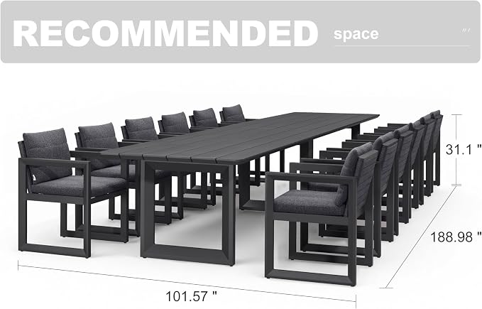 PURPLE LEAF 13-piece Outdoor Dining Set Aluminum Oversize Patio Furniture Table and Chairs Set with All Weather Thick Cushion Rectangular Patio Dining Sets for Large Backyard Garden Poolside, Grey