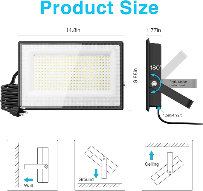 Olafus 2 Pack 300W LED Flood Light Outdoor, Super Bright Outside Floodlights with Plug, IP66 Waterproof 6500K Daylight White Exterior Security Light for Yard Stadium Lawn Barn