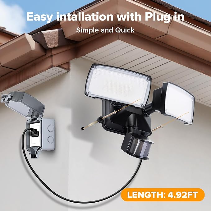 LUTEC 2 Pack 21W Plug in Motion Sensor Light Outdoor, Flood Lights Outdoor Motion Sensor,2500LM, 5000K Daylight,IP65 Waterproof,Adjustable 2 Heads Wall Light for Garage, Porch, Yard - Black