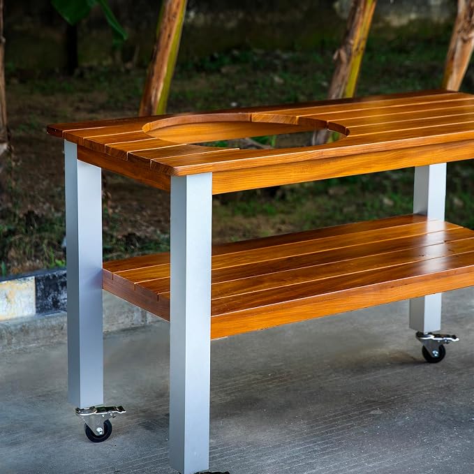 African Teak Grill Table for Large Big Green Egg, Outdoor Wood Table with Aluminum Legs and 3-Inch Locking Casters,Low Maintenance & Easy Assembly Tables for Garden | Natural