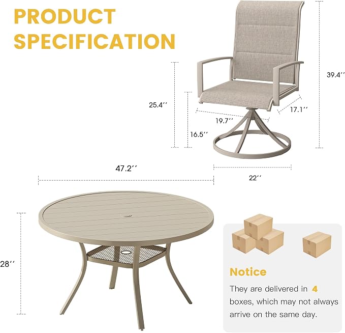 VICLLAX 7 Pieces Patio Dining Set for 6, All Weather Outdoor Furniture Set - 47.2" Round Patio Table and Swivel Padded Chairs, Sandshell Color Tabletop and Fabric