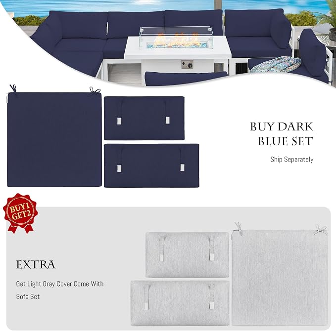 BULEXYARD 9 Piece L Shaped Contemporary Aluminum Outdoor Furniture Set with Firepit, 29" Deep Wide Large Couch Set, 500 lbs High Weight Capacity Modular Patio Sectional Sofa for Exterior, Navy Blue