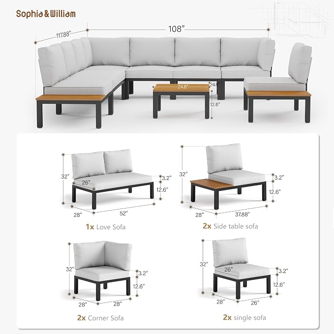 Sophia & William Outdoor Sectional Sofa, 8 Piece Metal Patio Furniture Set, Modular Patio Conversation Set-2 x Single Sofa with Side Table, 4 x Single Chairs, 1 x Loveseat, 1 x Tea Table