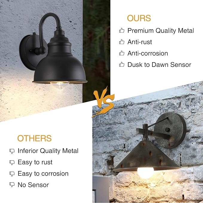 Barn Light Gooseneck Light- Dusk to Dawn Farmhouse Outdoor Lighting, 1-Light Outdoor Gooseneck Lighting with Sensor Farmhouse Wall Sconce for Patio Porch Garage (7.08" Diameter, 1pc) | Black, 1-Light Outdoor Gooseneck Lighting, With Sensor, Farmhouse W...
