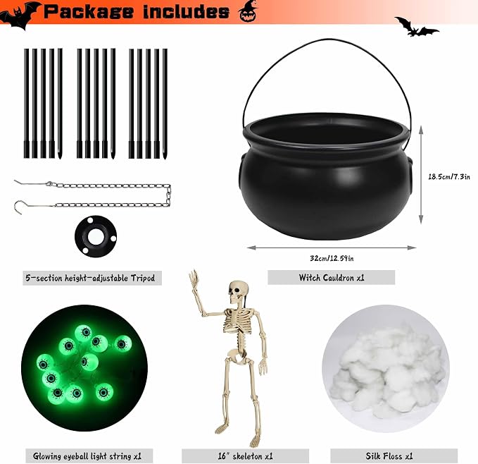 Halloween Outdoor Decorations, Witches Cauldron for Yard Decorations, Witch Decor Indoor, Halloween Witch Cauldron with Tripod with Eyeballs String Lights and Skeleton for Home & Porch Decor