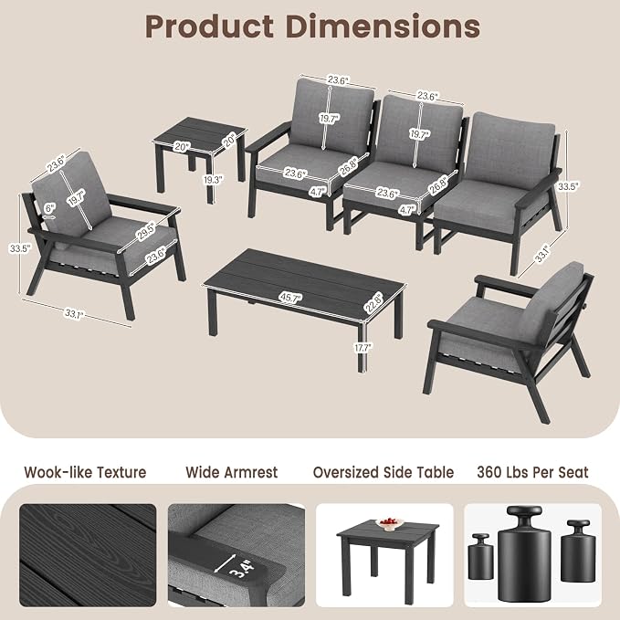 Ayge HDPE Patio Furniture Set, 7 Piece Sectional Outdoor Furniture Set, All Weather Outdoor Couch Set Patio Conversation Set for Deck, Lawn, Black