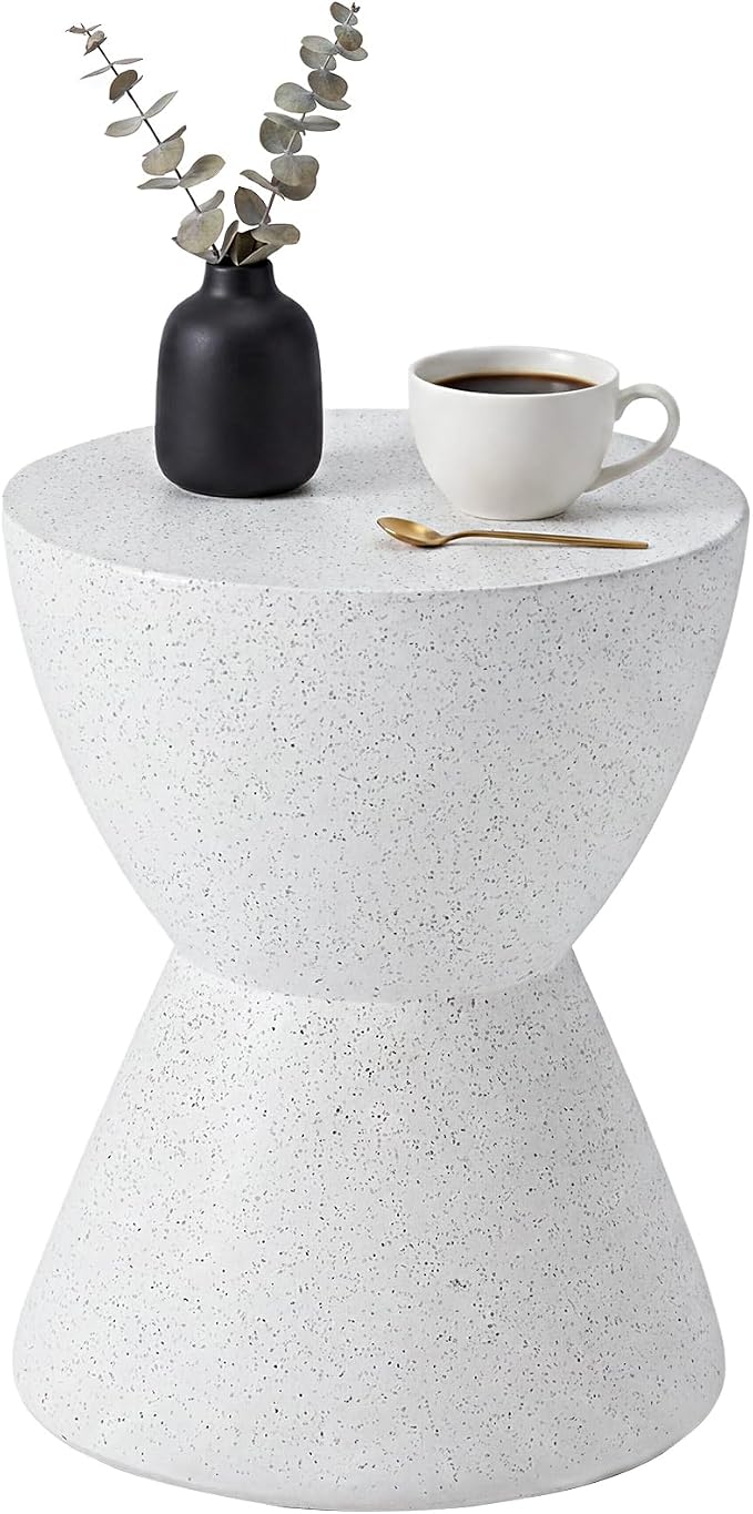 HOMPUS Outdoor Side Table Hourglass Shaped, Concrete End Table, Round Drum Patio MgO Coffee Lightweight Table, Modern Garden Planter Stand for Indoor Outdoor Use, Spotted White
