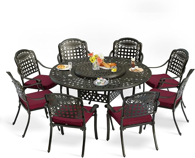 9-Piece Patio Furniture Dining Set, All Weather Cast Aluminum Outdoor Conversation Set- 61" Round Patio Dining Table with Detachable Lazy Susan & 8 Chairs, 2" Umbrella Hole, Chili Red