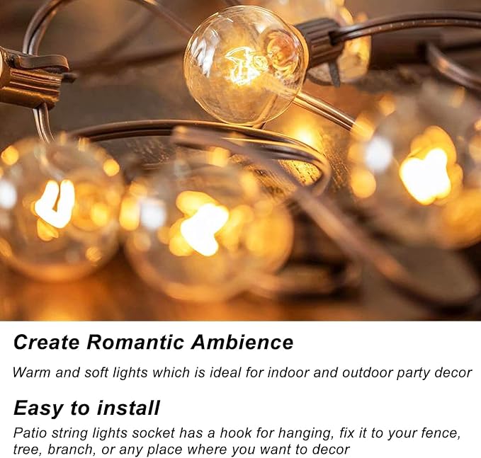 50Ft Outdoor Patio String Lights with 53 Clear Globe G40 Bulbs,UL Certified | Brown Wire Waterproof Patio Lights for Porch Backyard Deck Bistro Gazebos Pergolas Balcony Wedding