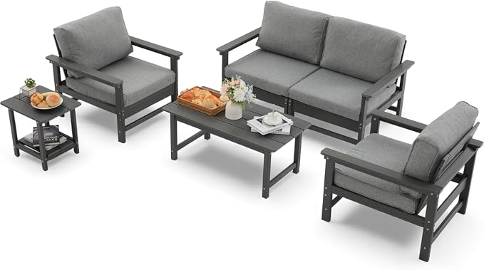 HDPE Outdoor Patio Furniture Set, 6-Piece Sofa Set with Loveseat Couch, 2 Armchairs,Side Table & Coffee Table, Weatherproof Conversation Set with Cushions,for Garden, Porch & Backyard