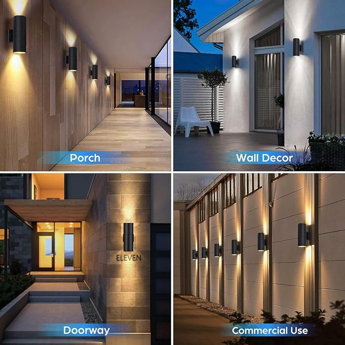 Black Exterior Lighting Fixtures Wall Mount Dusk to Dawn, Modern Outdoor Wall Lights for House Waterproof, 2-Light Up and Down Cylinder Wall Sconces for Garage Porch Outside Patio Yard, 4-Pack