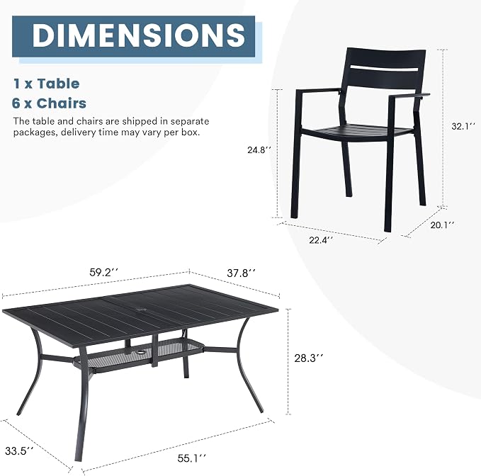 DIFY 7 Piece Outdoor Patio Dining Set for 6, Patio Table and Chairs Set with Umbrella Hole, 59.2" Rectangle Dining Table and Stackable Metal Chairs for Backyard Garden Poolside, Black