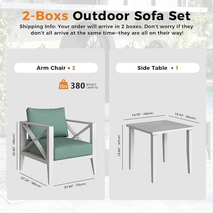Aluminum Outdoor Patio Furniture Set, 3 Pieces Conversation Set with 5.2 Inch Cushions and Coffee Table, All-Weather Rust-Resistant Frame Conversation Set for Porch, Garden, Backyard, White