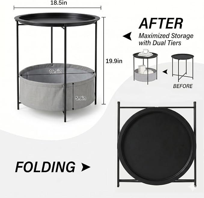 VECELO Round Side/End Table with Fabric Storage Basket,Metal Anti-Rust and Waterproof Small Bedside Nightstand with Removable Tray Top for Living Room,Balcony & Laundry,Black /2pcs with Basket